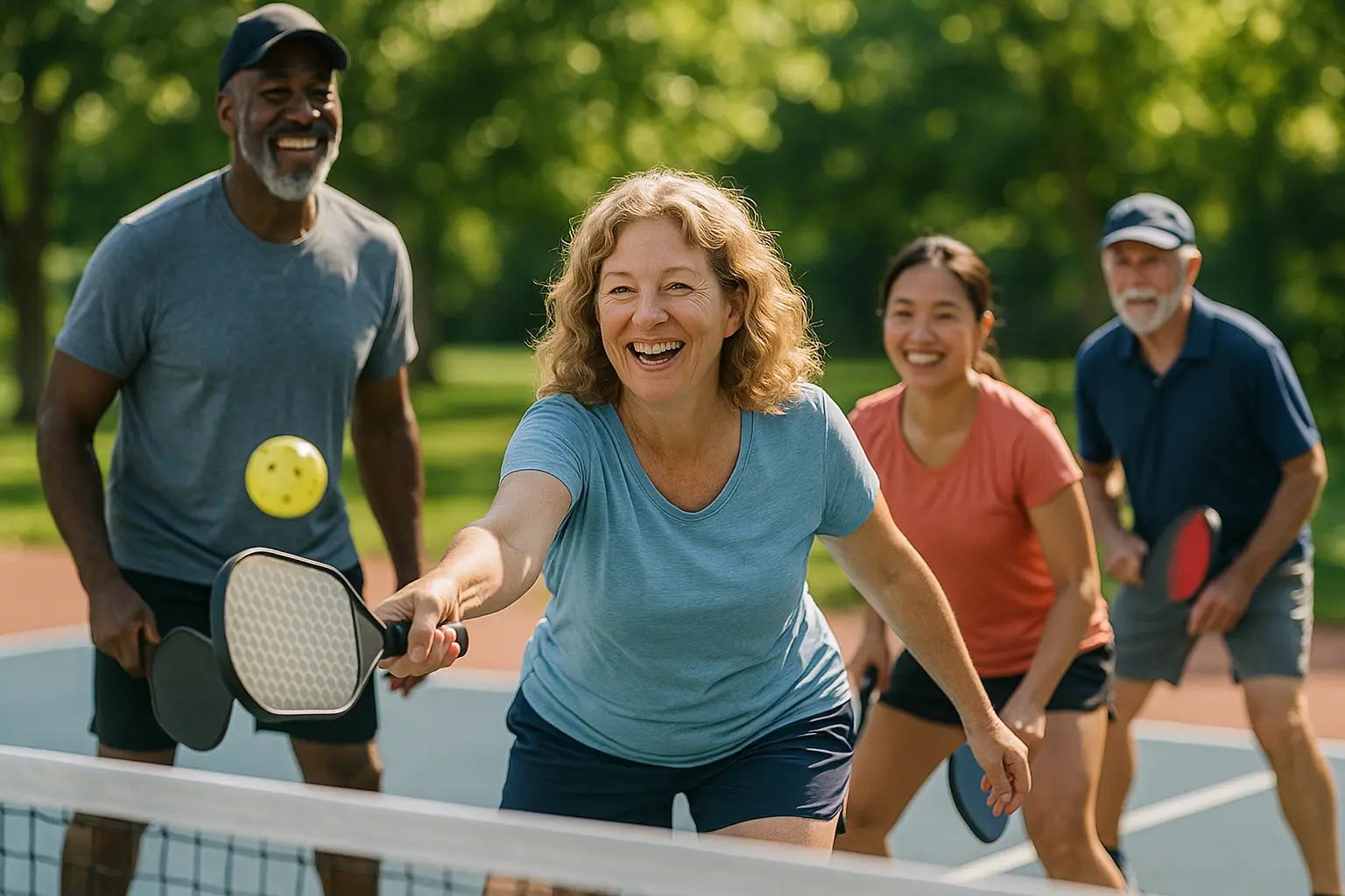 Plusieurs joueurs heureux et en forme jouant au Pickleball